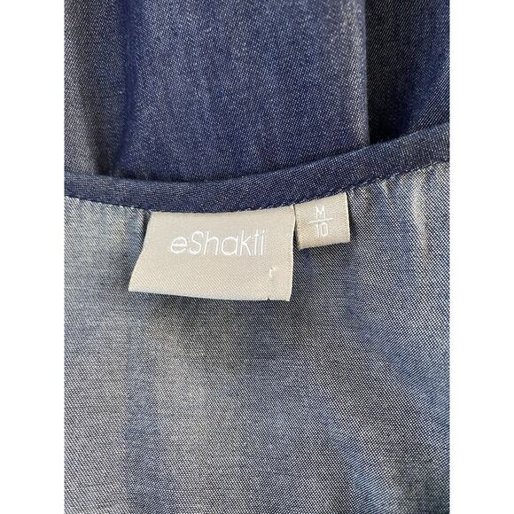 EShakti Sz M (10) Chambray Pintuck Puff SS Fit’N’Flare Black Trim Full Skirt Drs - Picture 9 of 14